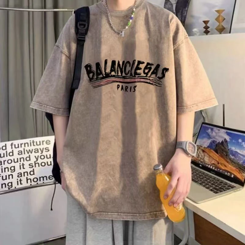 水洗短袖t恤男夏季2025新款重磅痞帅印花宽松半袖男装打底衫