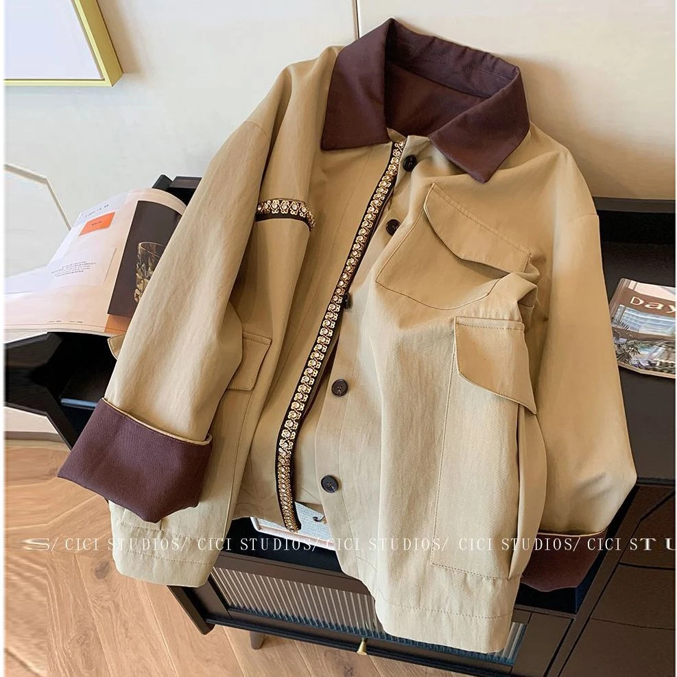 设计感撞色翻领钉钻风衣外套女秋2025新款韩系高级感复古气质上衣