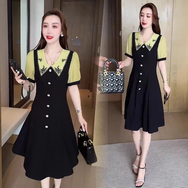 时尚连衣裙女2025夏季新款洋气减龄显瘦百搭拼接假两件中长款裙子