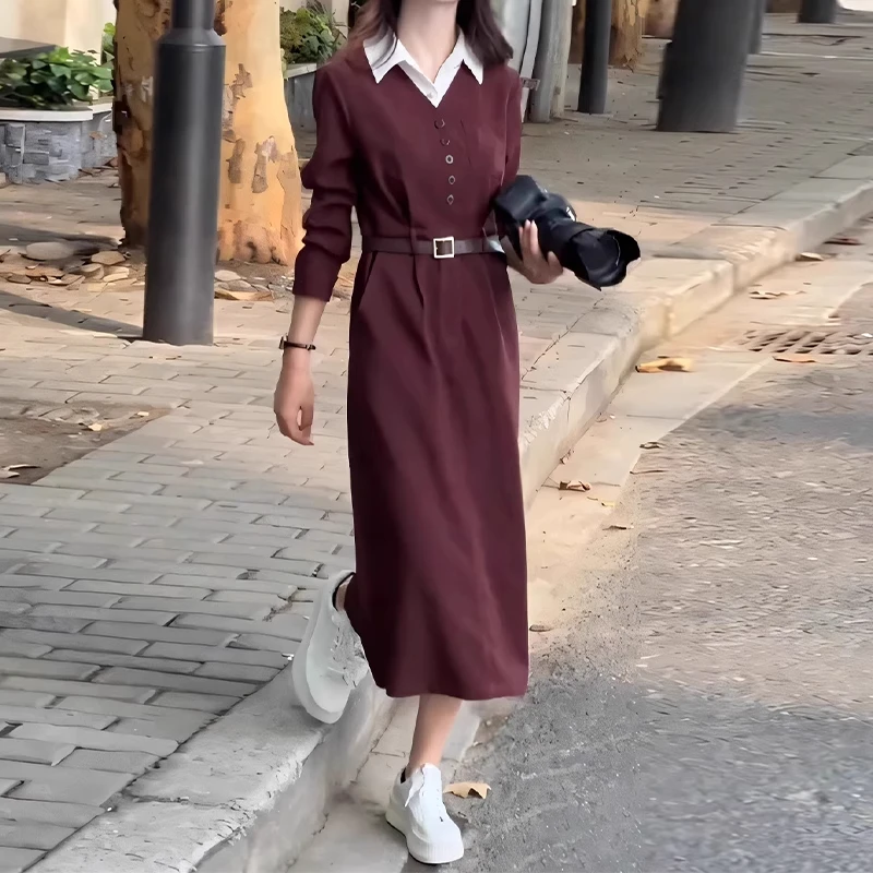 拉夏贝尔长袖连衣裙女2025年春秋新款气质中长款显瘦假两件A字裙