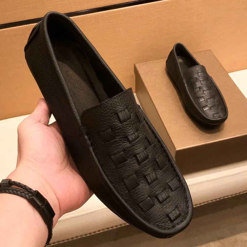 高端韩版豆豆鞋男2024新款春季手工编织一脚蹬懒人休闲皮鞋男软底