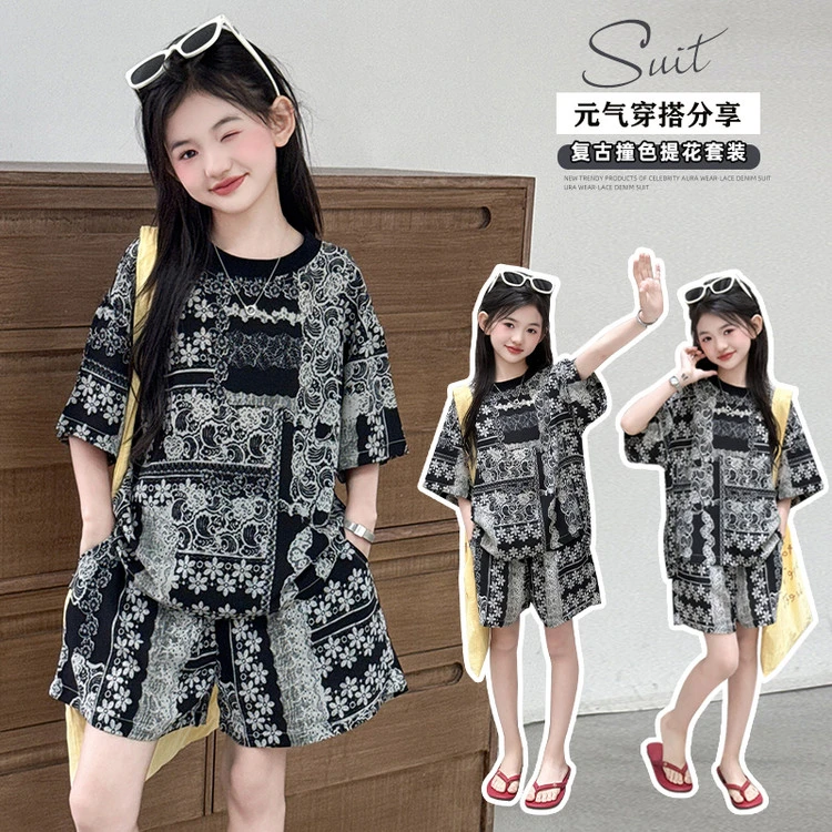 2025新款夏季复古撞色提花套装女童时尚洋气短袖短裤两件套潮