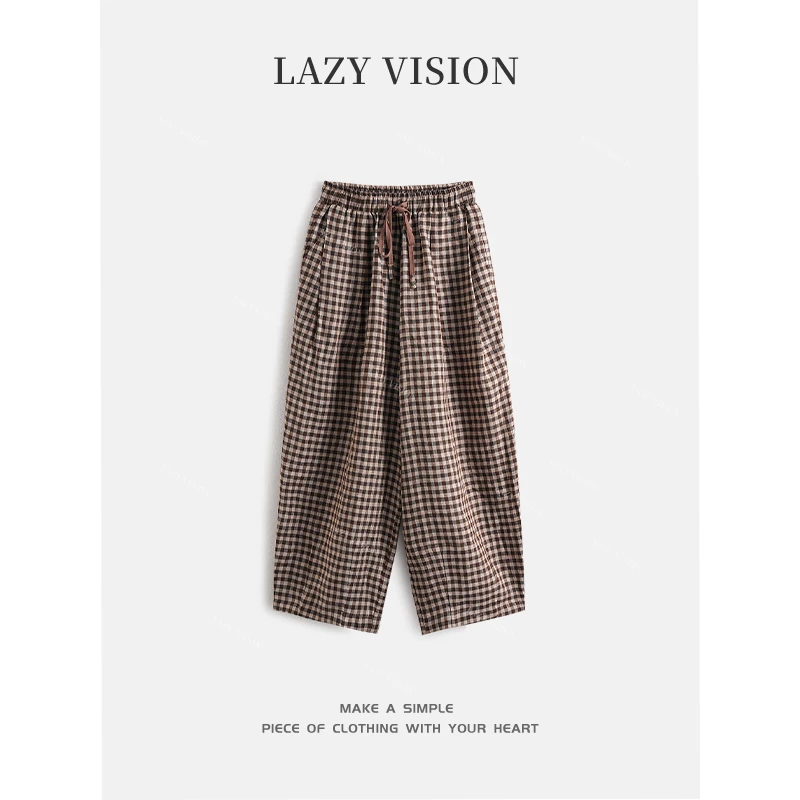 LAZYVISION/亚麻格子阔腿休闲裤ZMD-28049
