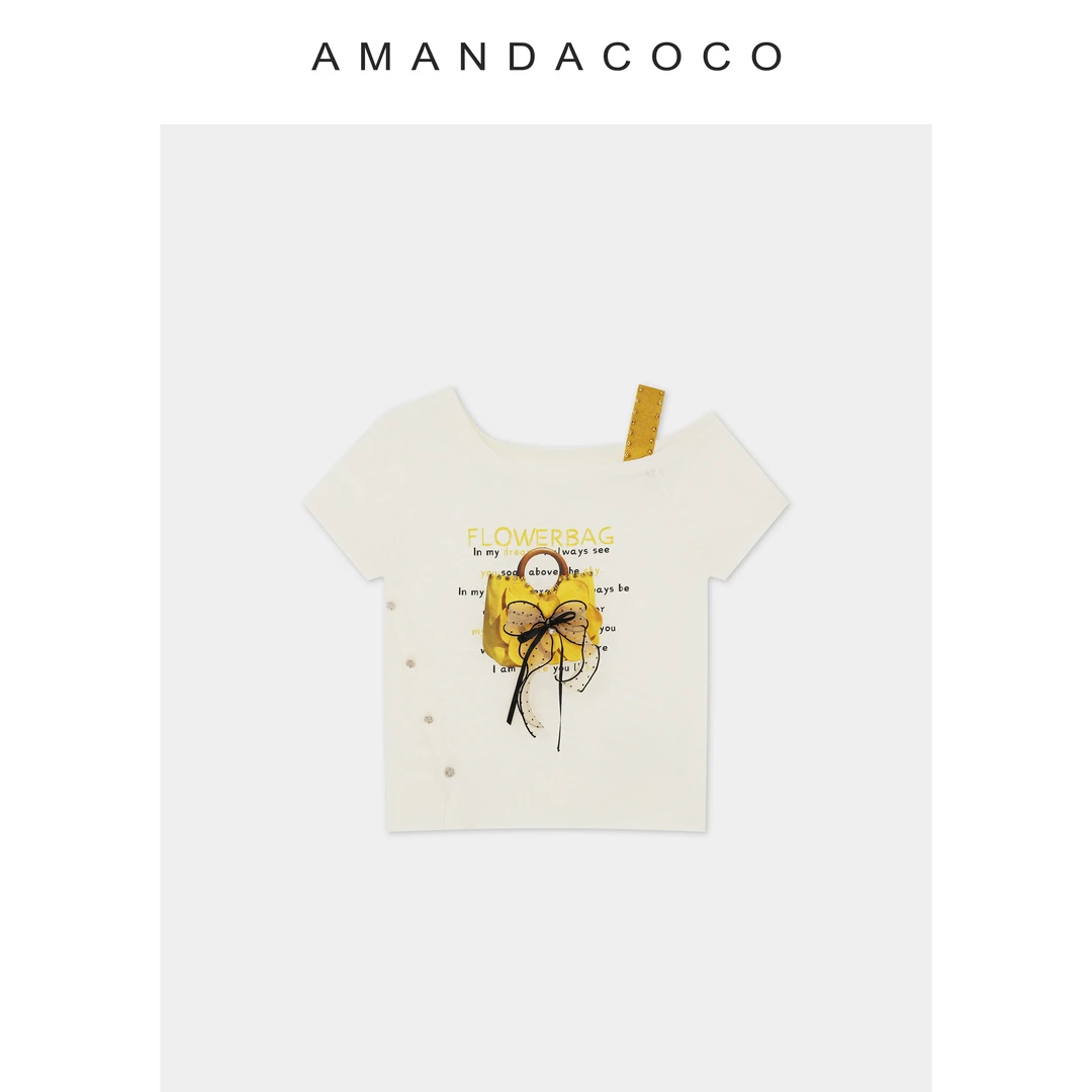 AMANDACOCO茜茜丨浪漫花楹～薄款钉钻手包印花蝴蝶露肩短袖针织衫