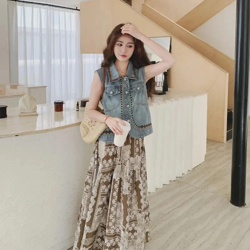 松弛感复古套装裙女2025夏季新款ins风韩系牛仔马甲T恤印花半身裙
