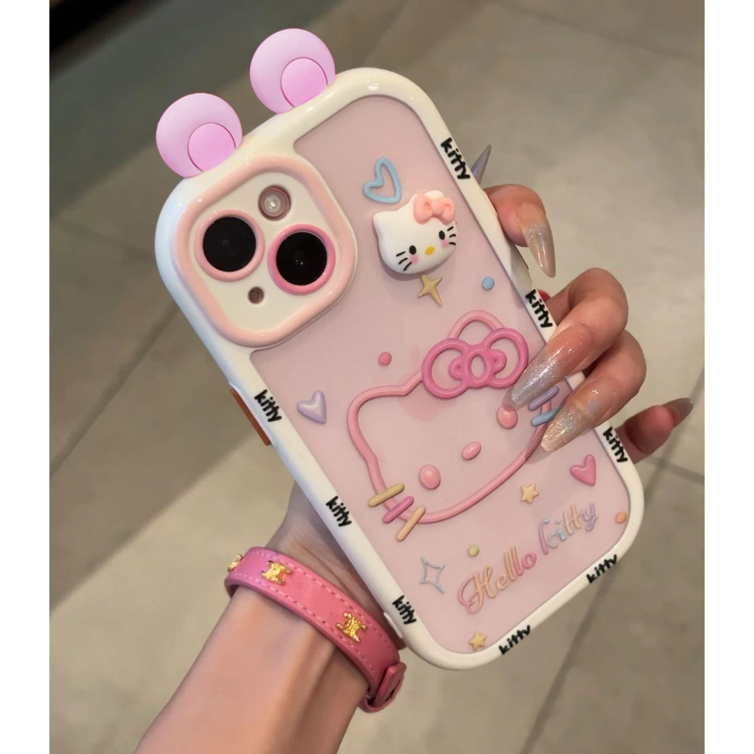 奥菲顿粉果冻kitty立体耳朵适用苹果16手机壳华为P70vivo小米oppo