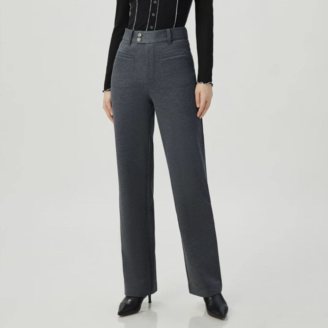 GIRDEAR/哥弟秋冬中高腰两粒扣磨毛保暖加绒直筒阔腿裤1100469