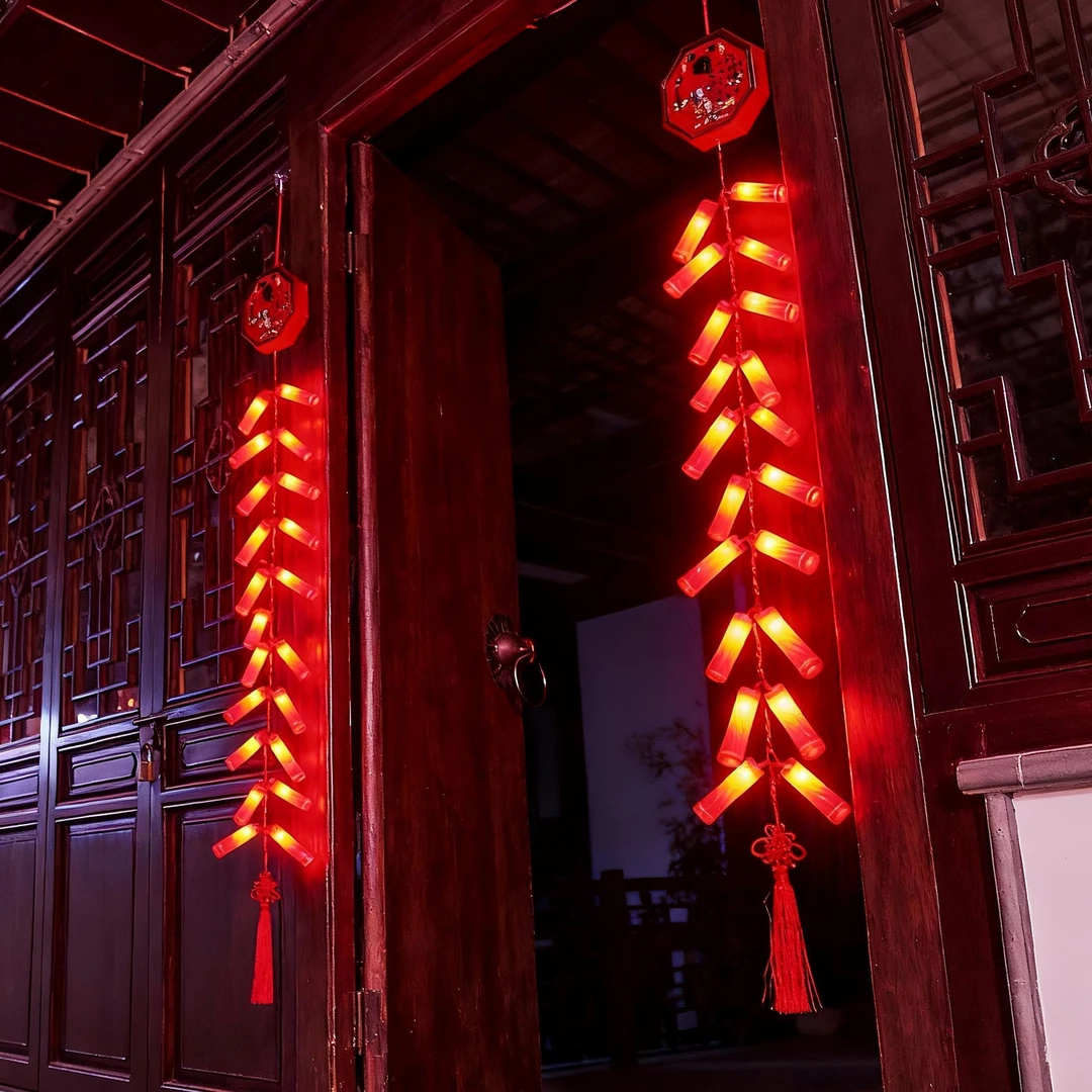 2026新年新款仿真电子鞭炮灯串免插电氛围布置春节家用爆竹装饰品