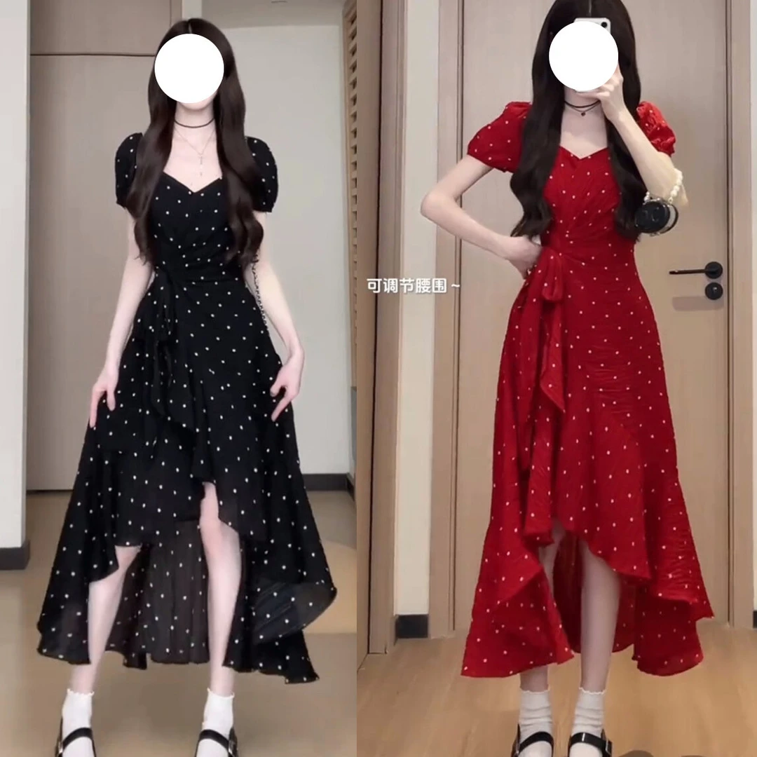 大码新款红色波点花裙肌理感不规则裙摆A字裙短袖连衣裙