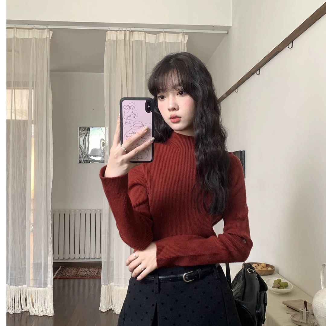 无缝一体半高领针织衫保暖内搭6553