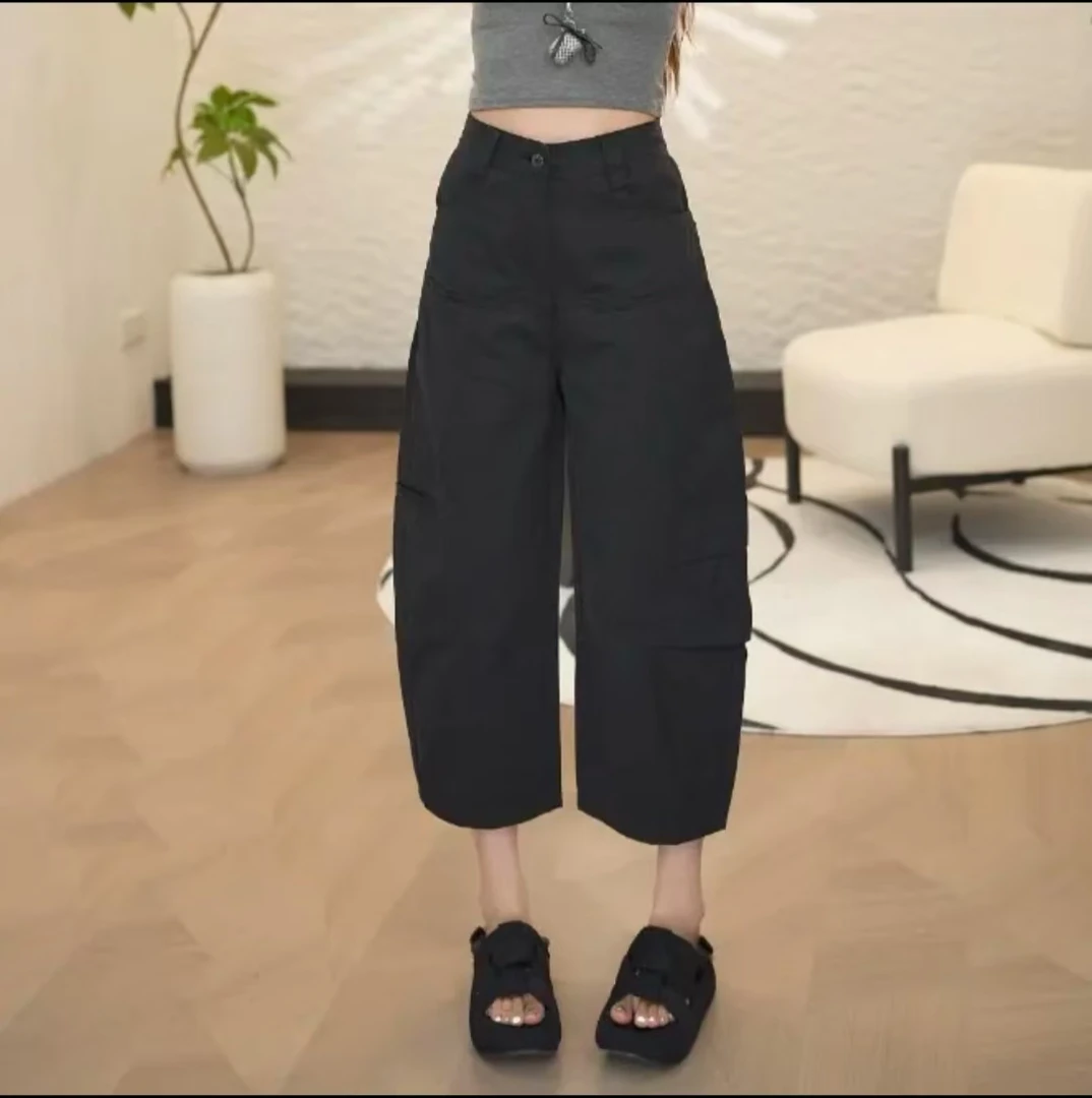 朵品夏季新款显瘦弯刀八分工装裤女装宽松直筒休闲裤梨形身材
