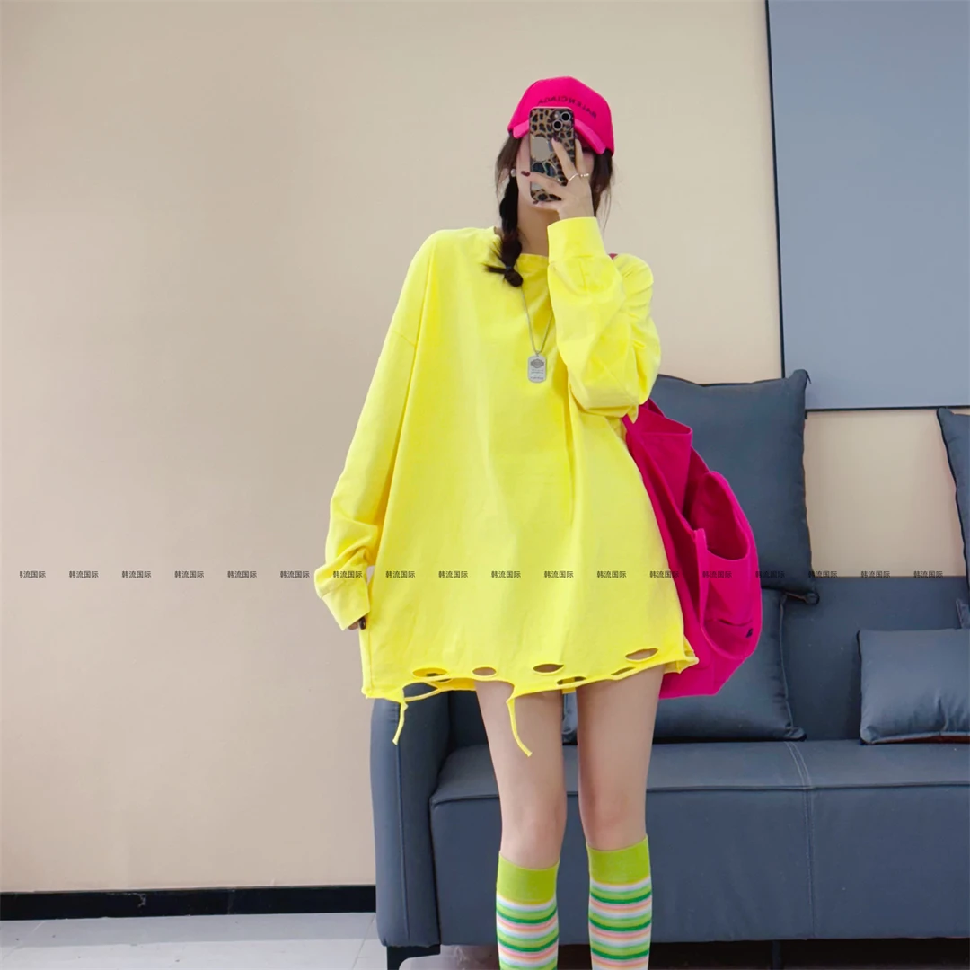 大码春季新款欧洲站磨毛上衣女长袖中长款破洞T恤宽松bf风打底衫