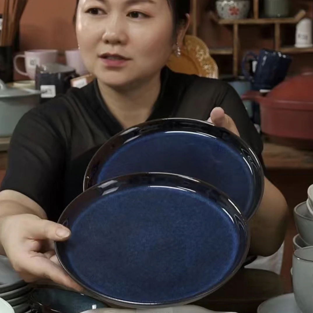 拍一发二辣163-88 陶瓷釉下彩窑变蓝八点五寸菜盘微瑕