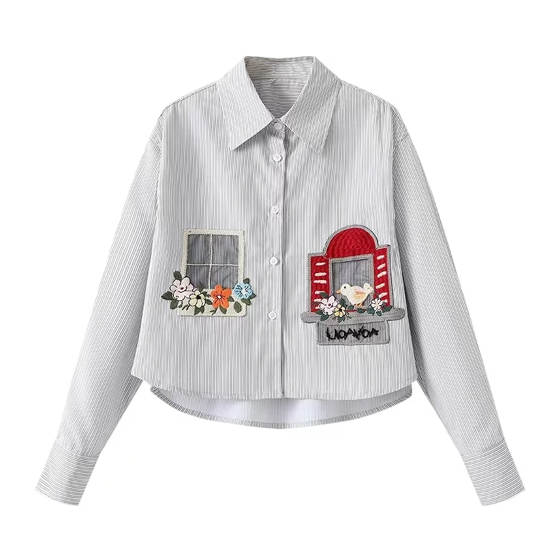 38.百搭衬衫刺绣外套春秋时尚印花秋冬针织上衣休闲衬衫