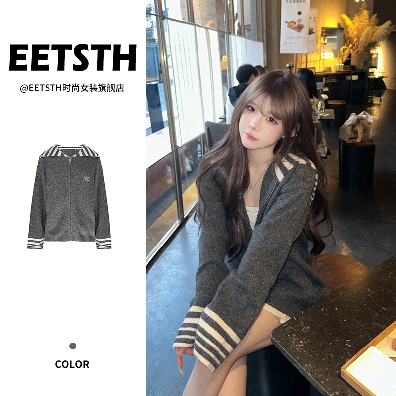 慵懒风海军领黑色条纹针织开衫女设计感宽松显瘦毛衣外套秋季新款