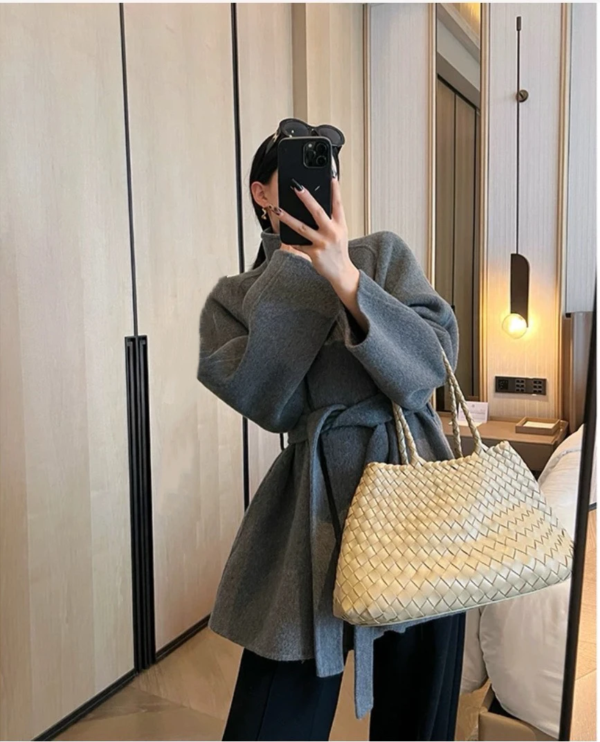 小明家——春季新款中长款立领腰带双面羊毛大衣外套小个子韩版百搭