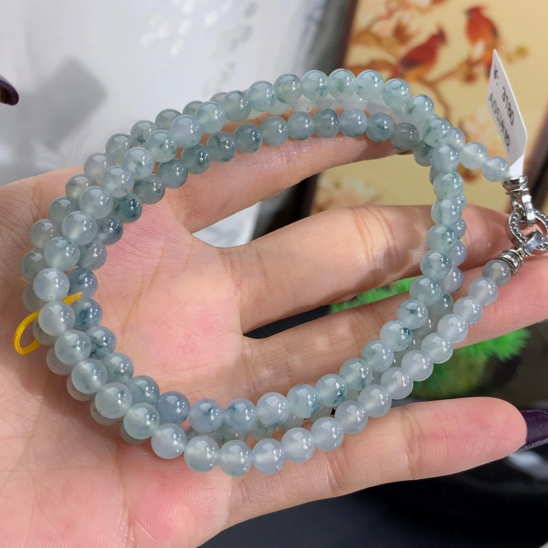 翡翠未镶嵌手串卡5冰胶蓝飘花项链