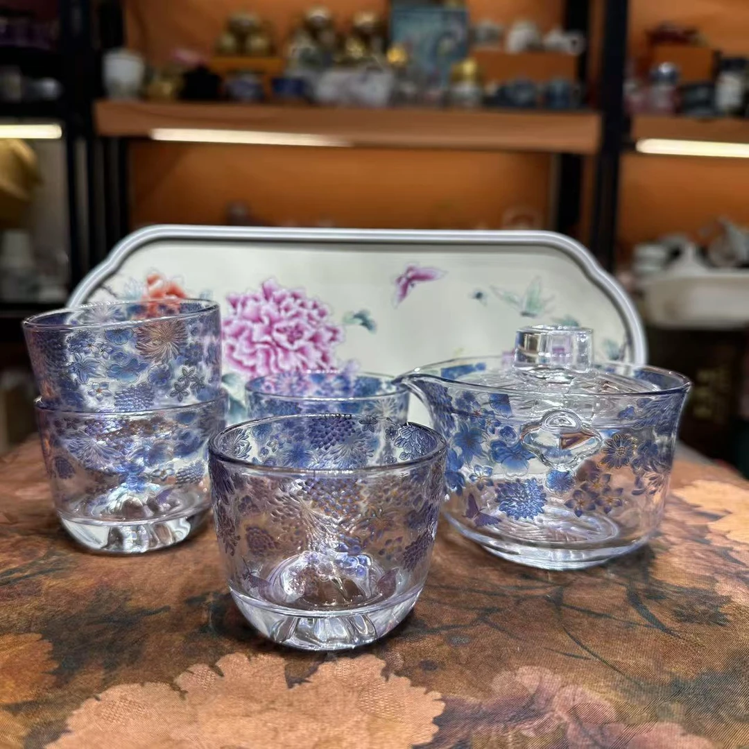 友名 高硼硅江山蓝莲手抓壶+4杯+盘-