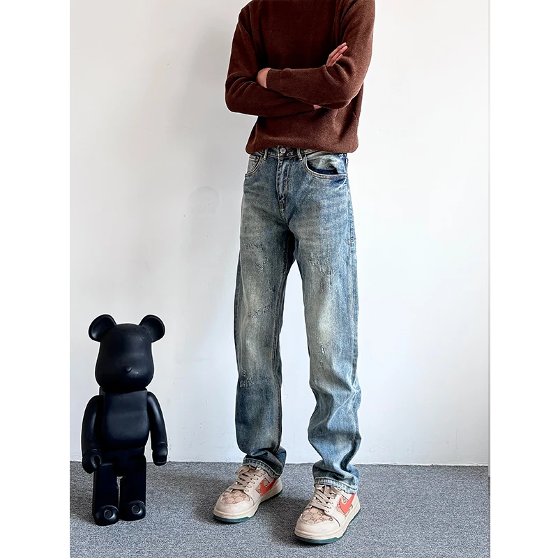 水洗美式牛仔裤男款潮牌高街猫须设计复古蓝色宽松直筒裤vibe长裤