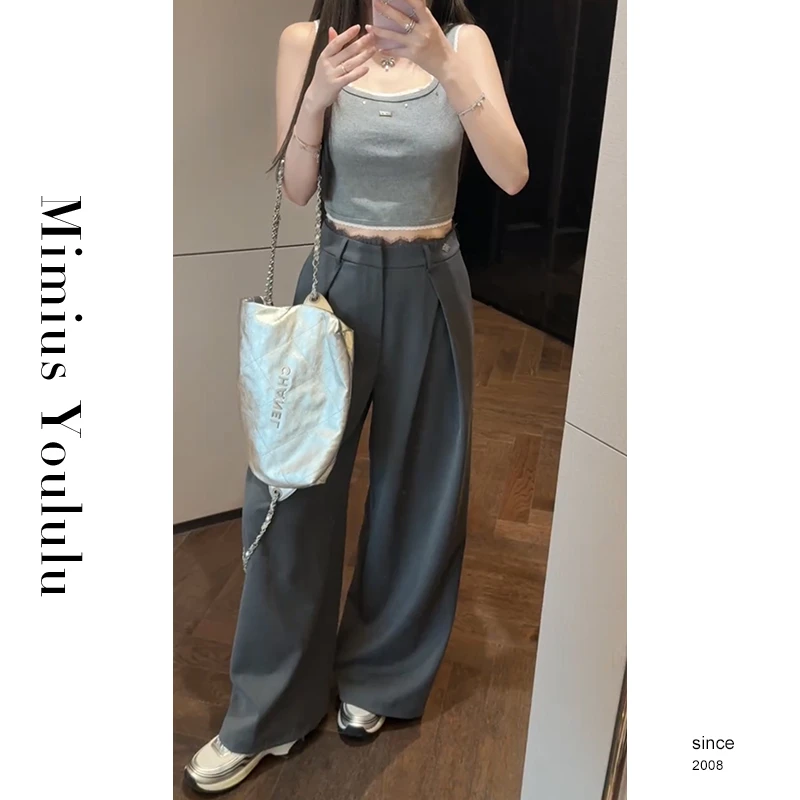 【mimius】&C游鹿鹿摩登感蕾丝褶皱西装阔腿裤+铆钉针织背心 G02154