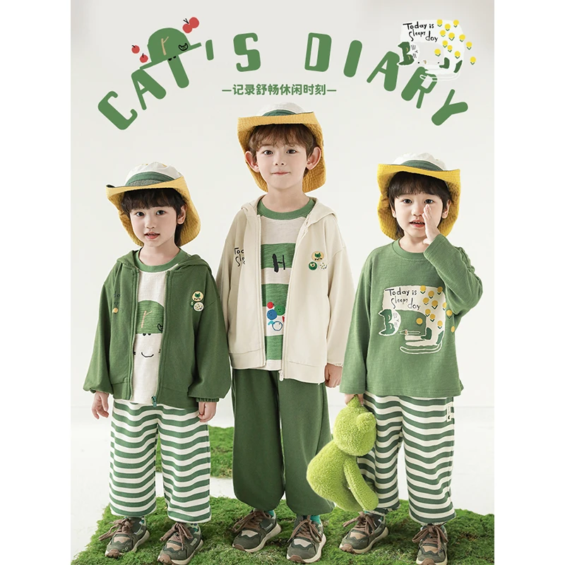 幼悠男童春季长袖套装儿童圆领猫咪T恤宽松束脚长裤慵懒连帽外套
