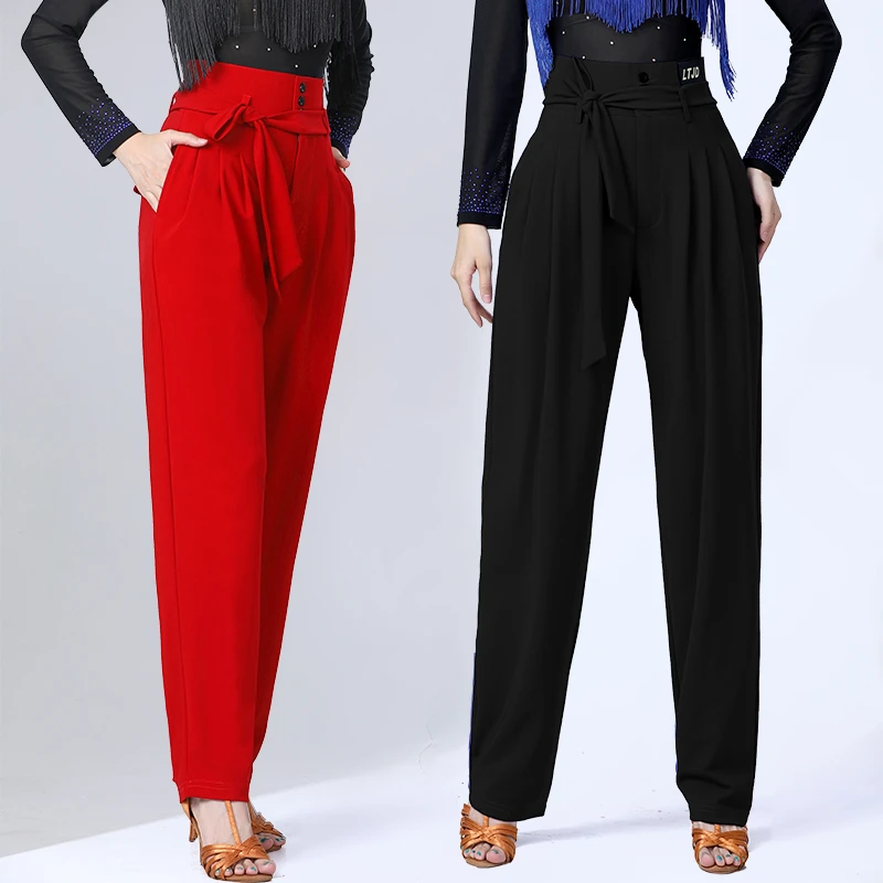 拉丁舞裤女高腰小脚舞蹈裤宽松弹力摩登舞长裤广场舞吉特巴练功裤