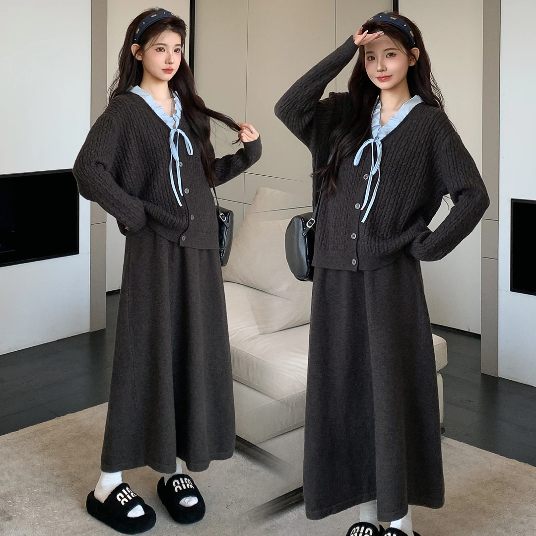 2025新款孕妇装春秋款半身裙两件套时尚针织大码气质套装秋冬辣妈