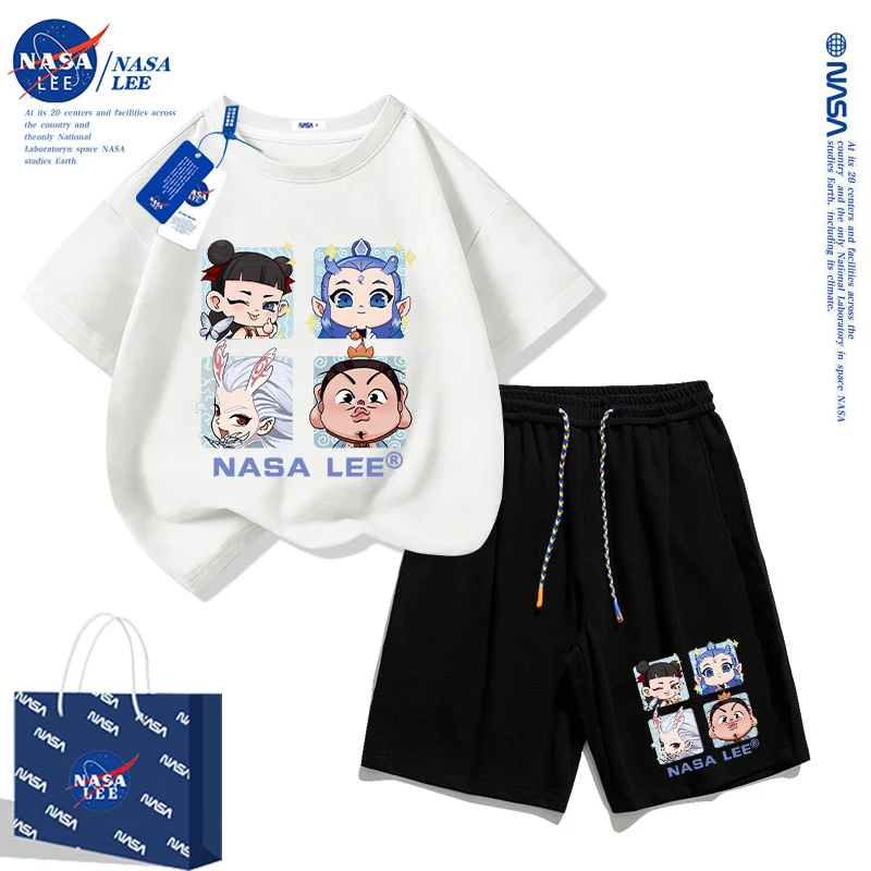 NASA哪咤衣服儿童运动套装2025夏季新款女童短袖t恤哪吒男童夏装