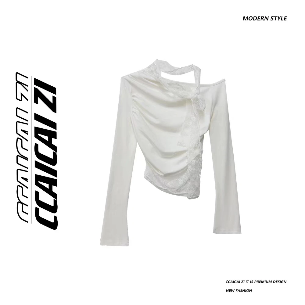 [no退no换]CCA126【温柔公式】蕾丝拼接斜肩设计感上衣漏左肩