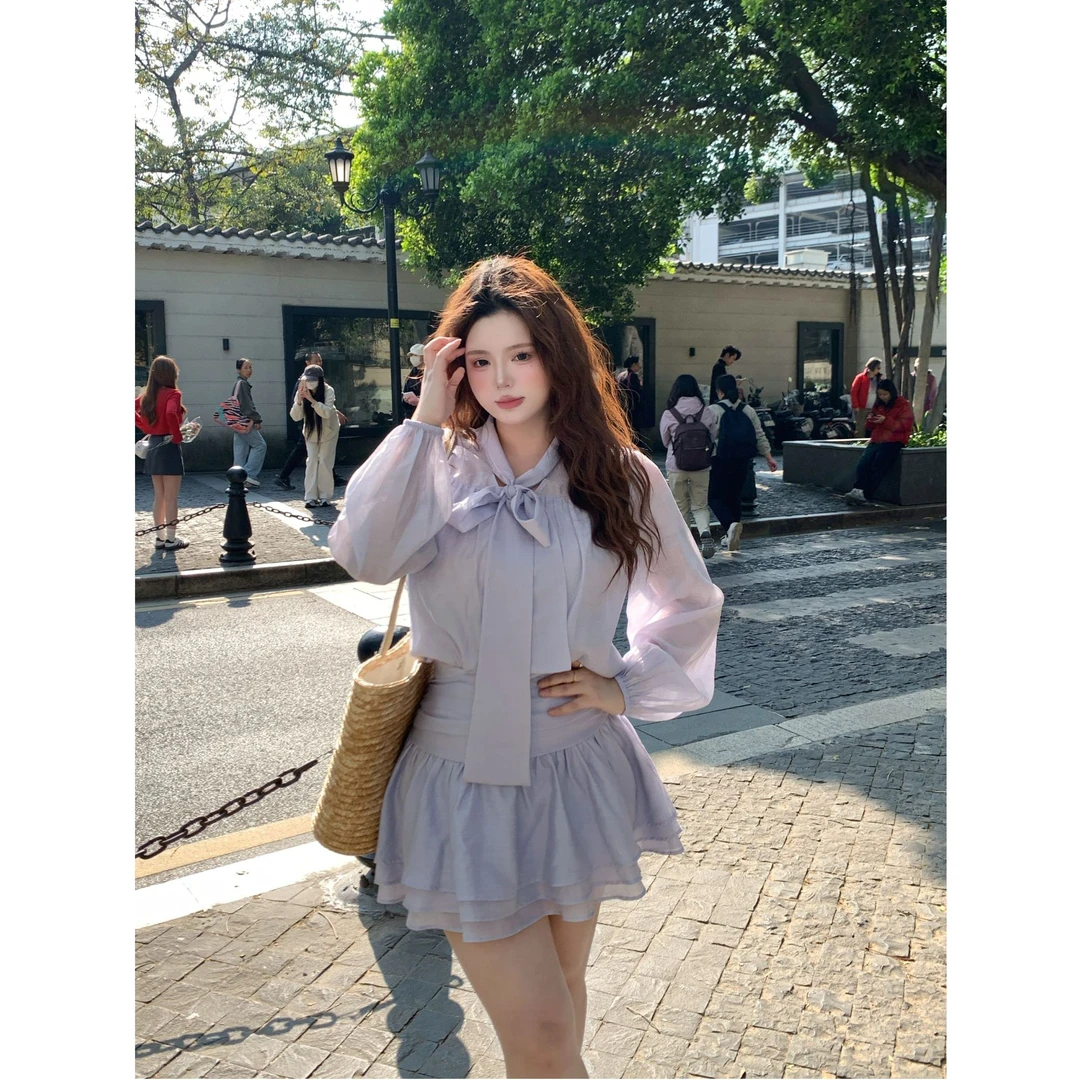 朴萄PUUTAO【自带三层裙摆*‘紫铃兰’ 】春款上衣半裙套装P251AY562