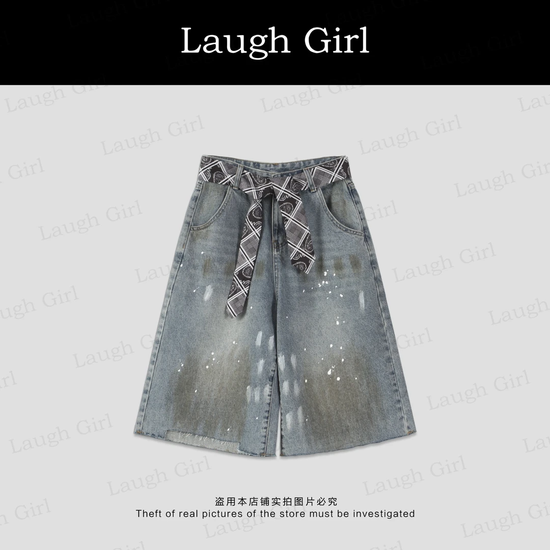 楚楚君 Laugh girl【个性牛仔】美式复古扎染宽松牛仔中裤KL53053J