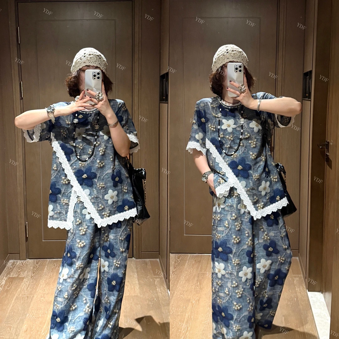 YDFSTUDIO小众【假日告白】高品重工3D花朵设计时尚上衣+裤子套装