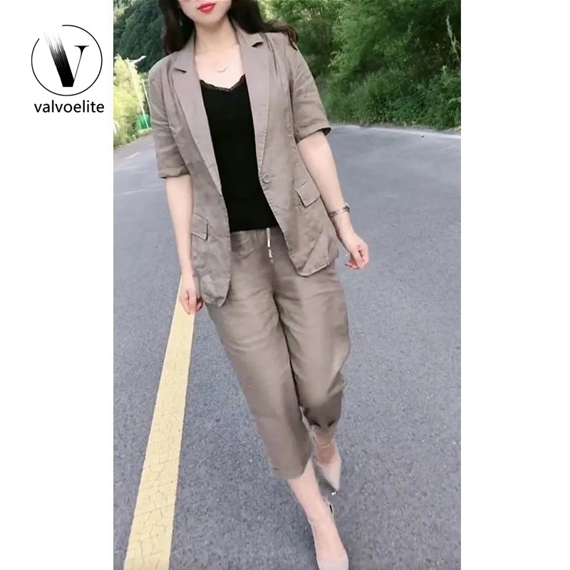 VALVOELITE夏季高端短袖西服外套七分裤两件春季盐系炸街针织套装