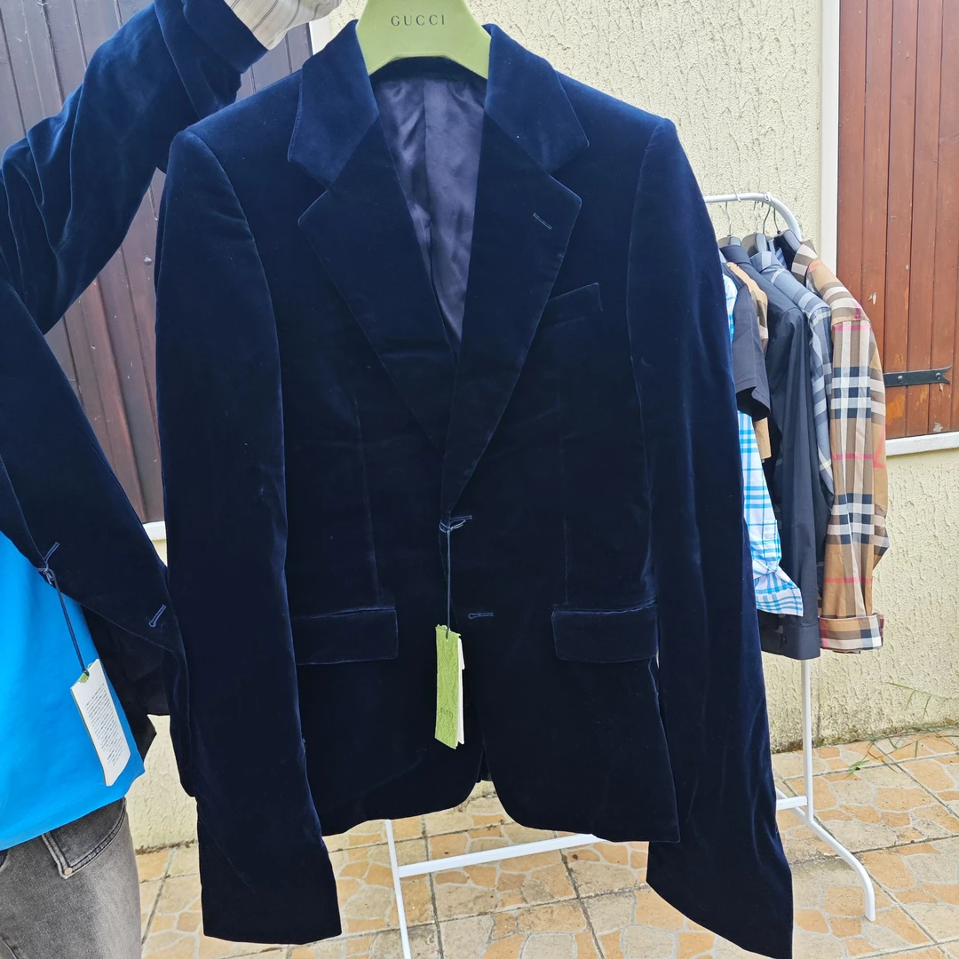 【香港直邮】GUCCI/古驰男款 蓝色宽松V领纽扣长袖西装  753082