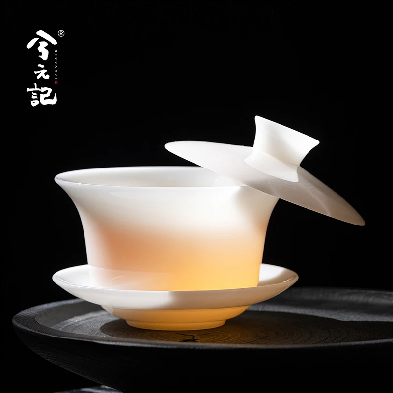 羊脂玉瓷盖碗茶杯八宝茶碗带盖单个三才特大号陶瓷家用茶具礼盒装