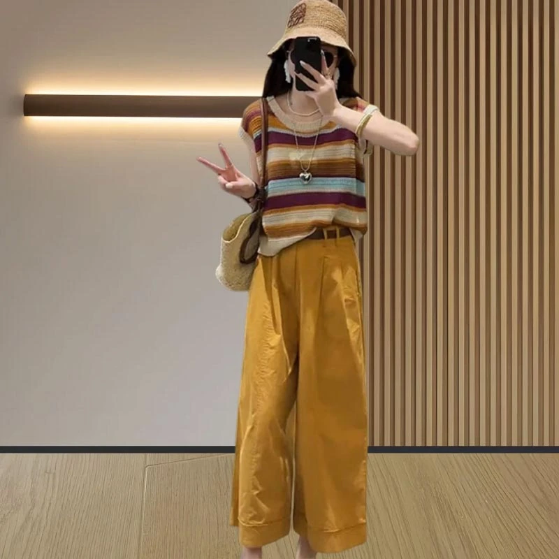 宽松气质针织衫上衣休闲裤2025年夏季新款女装两件套时尚百搭套装