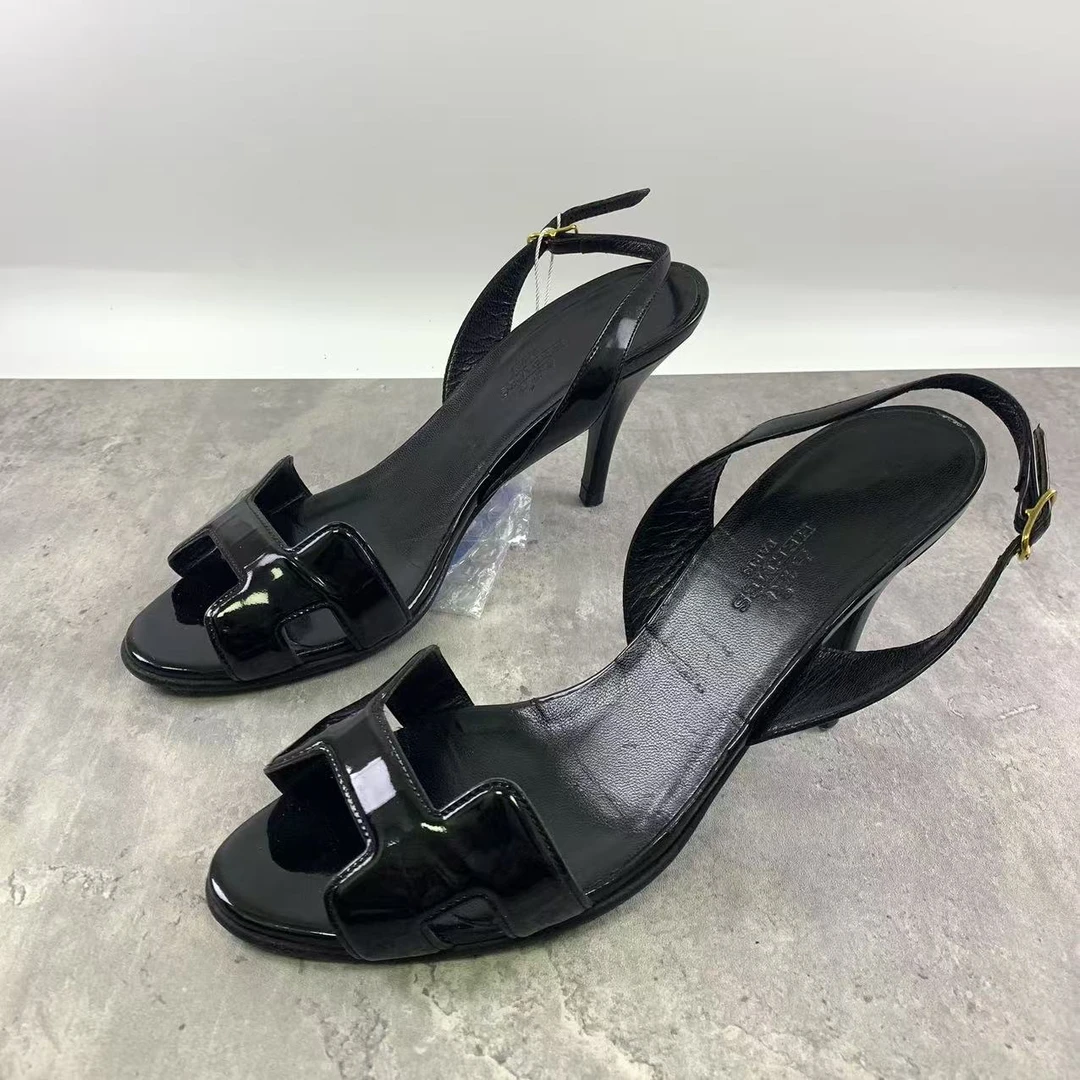 95新 Hermes/爱马仕 36.5码/米亚女鞋 /黑色H一字带高跟凉鞋 1450