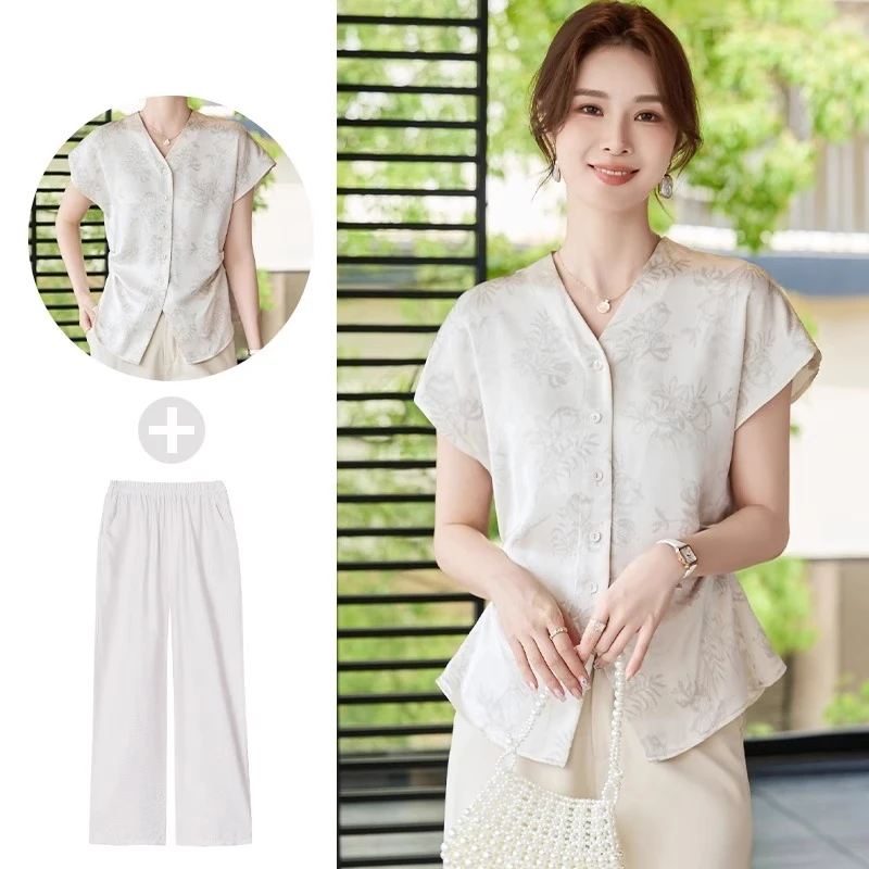 妈妈夏装2025新款套装端庄大气中老年雪纺小衫女品牌洋气短袖上衣