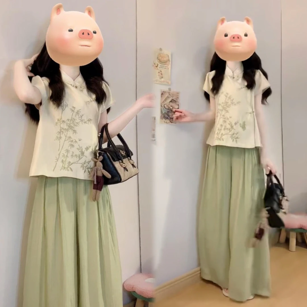 大码女装新中式国风套装女2025气质立领盘扣马甲上衣阔腿裤两件套