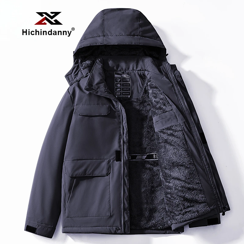 HICHIN防风保暖运动夹克男秋冬季加绒加厚连帽多口袋休闲茄克外套