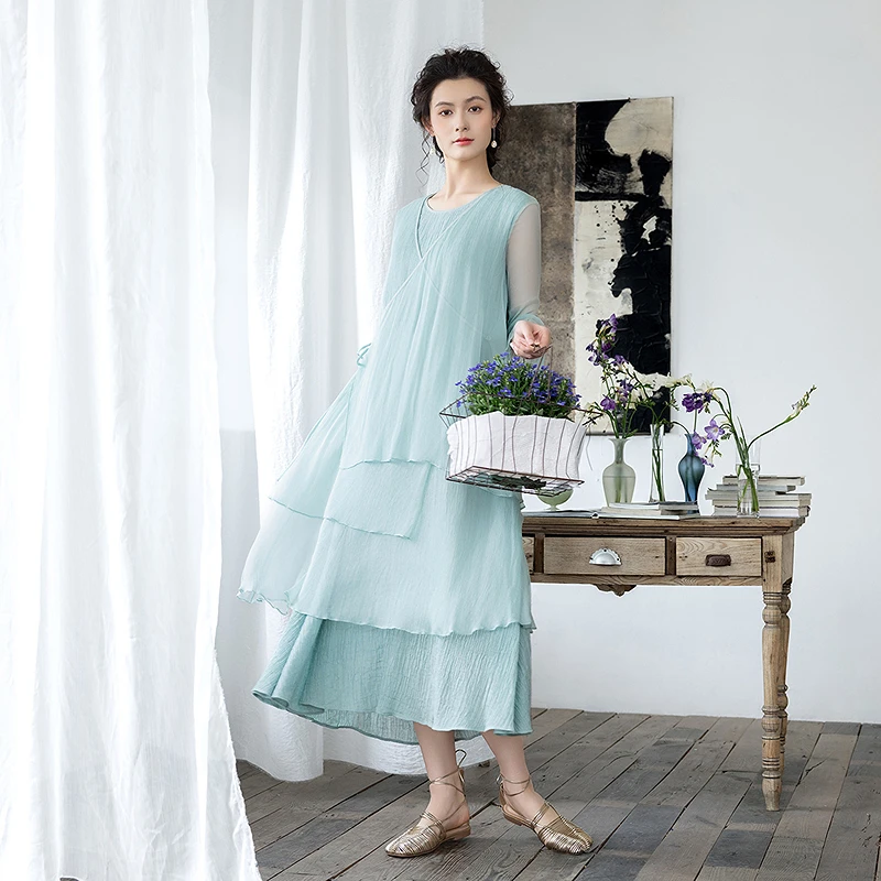 生活在左100%桑蚕丝连衣裙传统复古修身春夏花仙子裙子女1952255.