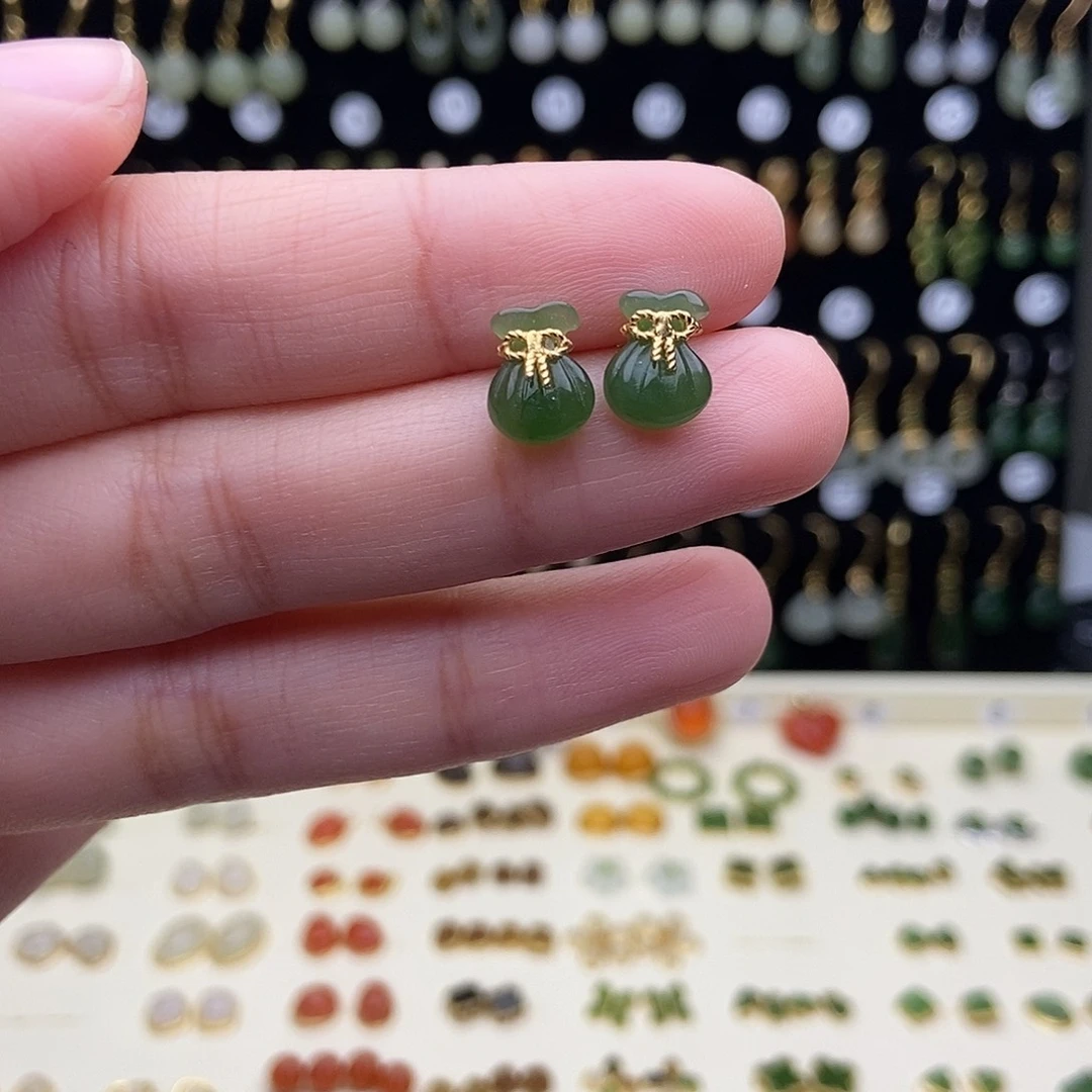 和田玉银S925镀金镶嵌耳饰