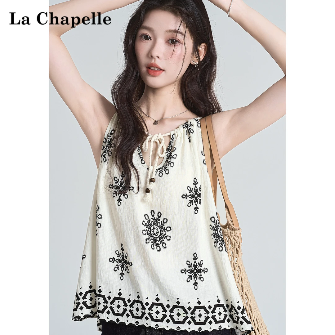 拉夏贝尔法式印花度假风无袖背心吊带女2025夏季新款宽松辣妹上衣