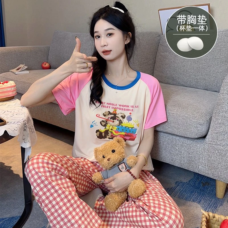 带胸垫睡衣女款短袖长裤夏季卡通甜美薄款休闲家居服可外穿两件套