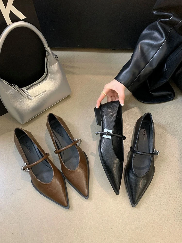 粗跟尖头单鞋春季两穿玛丽珍单鞋时尚黑色皮鞋法式百搭女鞋