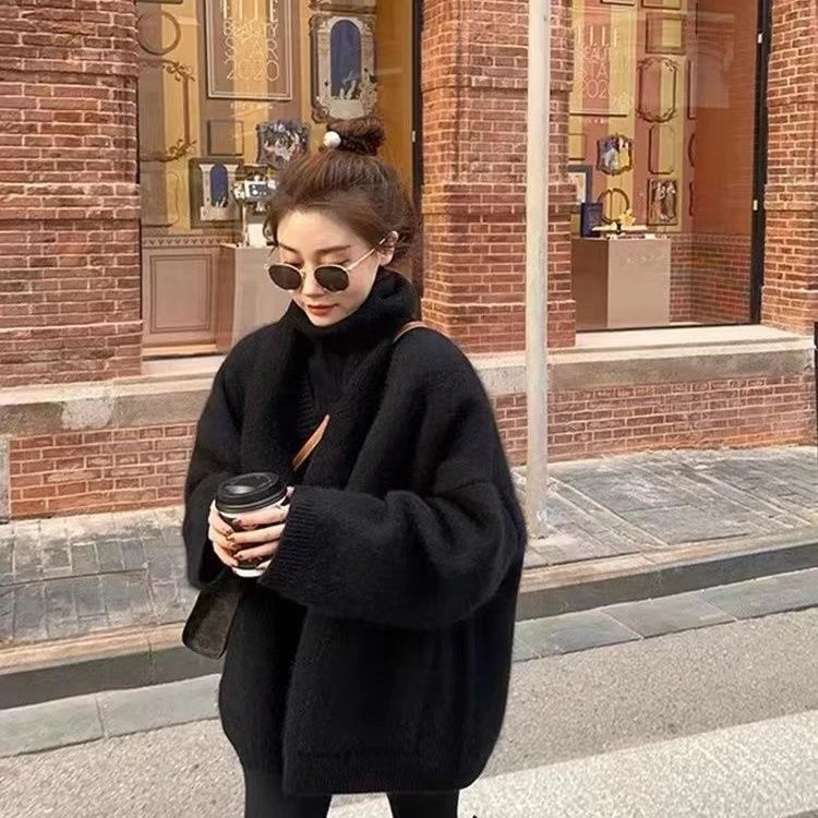 韩版慵懒风宽松加厚洋气针织开衫毛衣外套女秋冬季软糯外搭上衣女