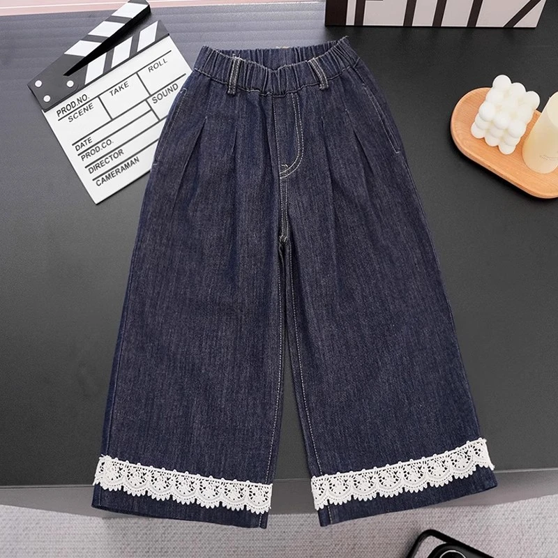 女童天丝牛仔裤夏季2025新款儿童花边裤子夏装女孩薄款阔腿裤洋气