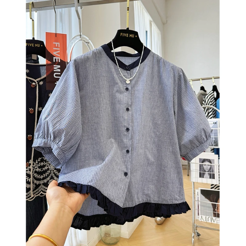 短袖衬衫女2025夏季新款胖妹妹减龄木耳边撞色条纹法式上衣高级感