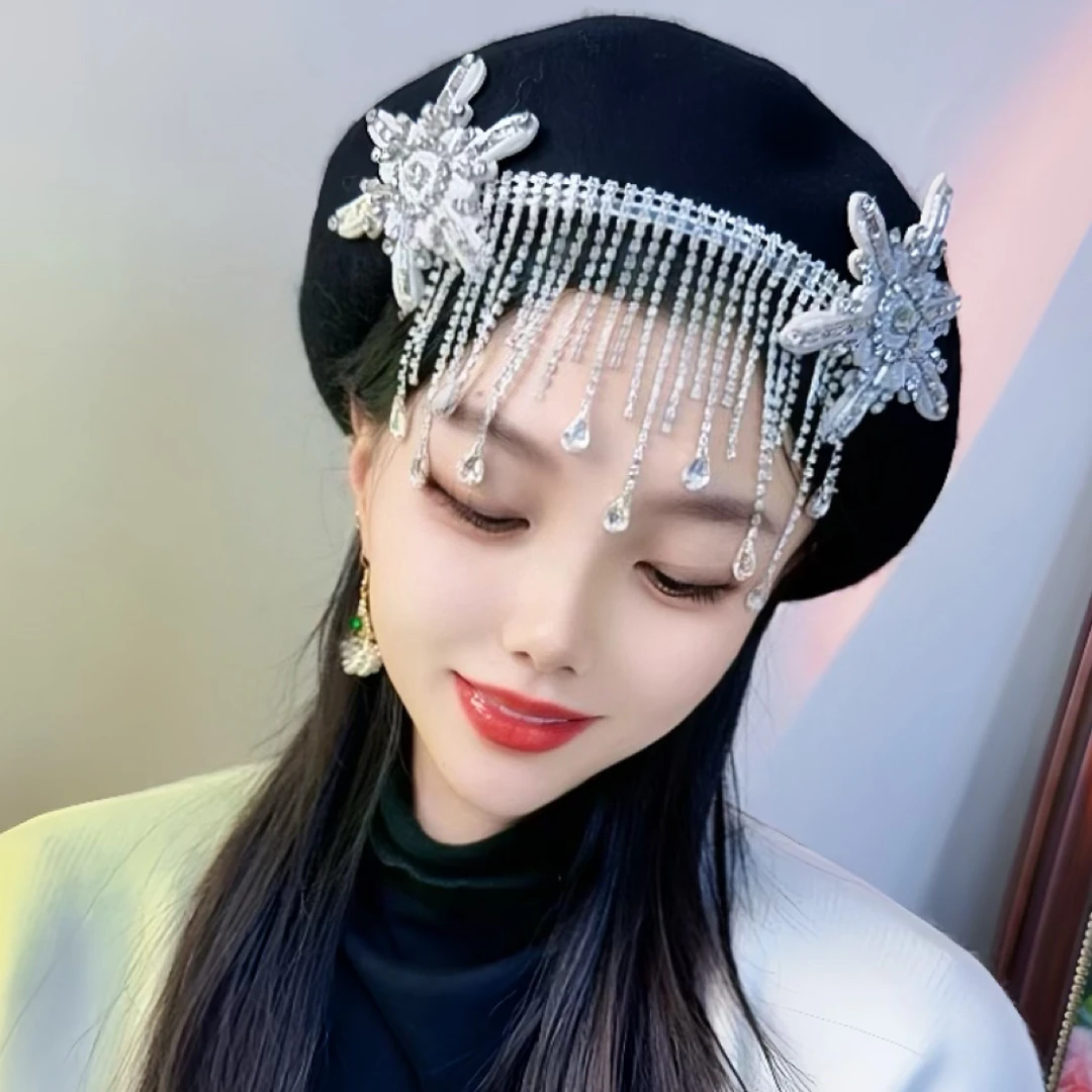 原创秋冬时髦复古华丽钻饰长流苏高级时装羊毛画家贝雷帽时尚