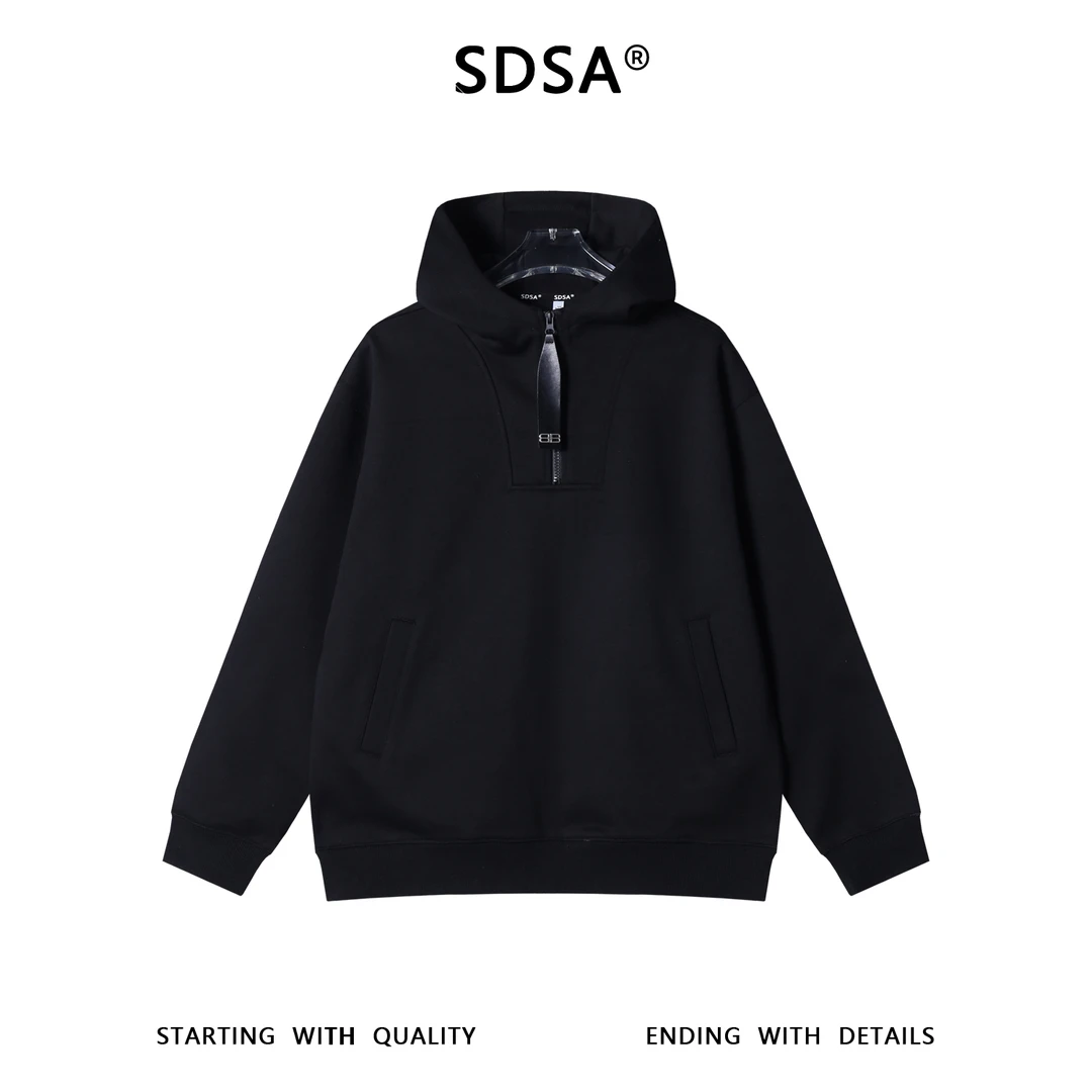 SDSA男士秋冬新款痞帅男装韩版简约纯色半拉链立领连帽卫衣百搭